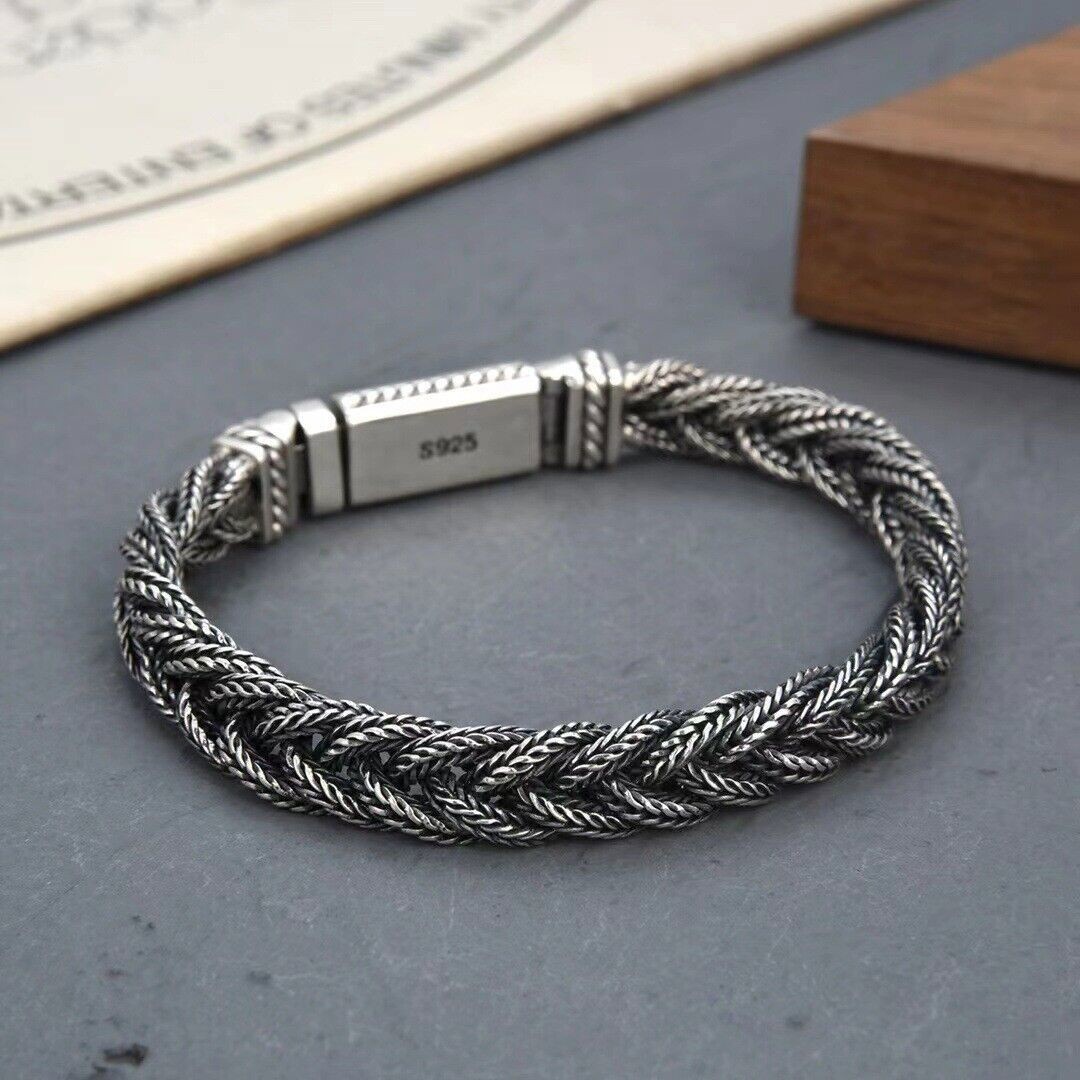 Pure S925 Sterling Silver Bracelet Women Men Vintage 10mm Bradiad Wheat Chain