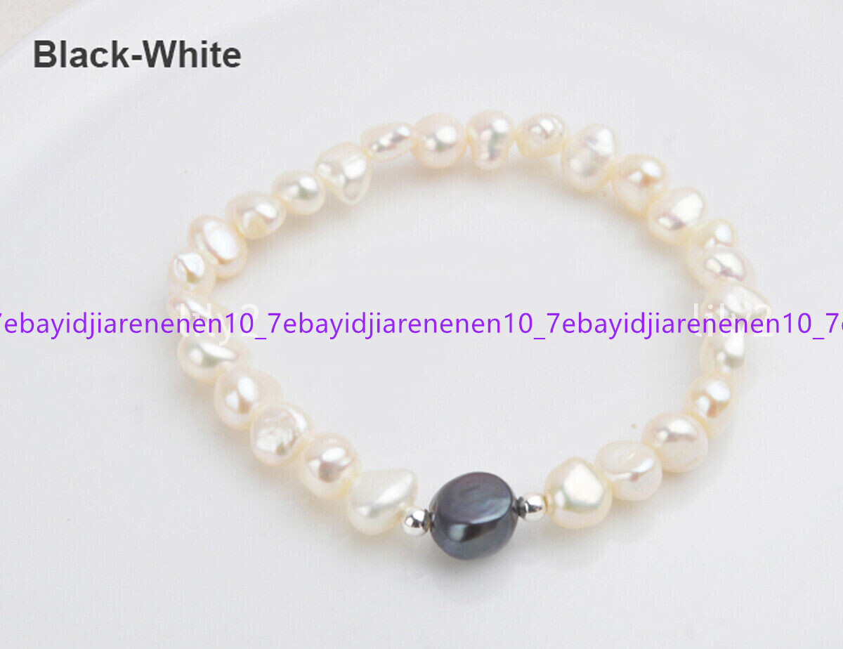 Real Natural 7-8mm White Black Gray Freshwater Baroque Pearl Bracelets 7.5”