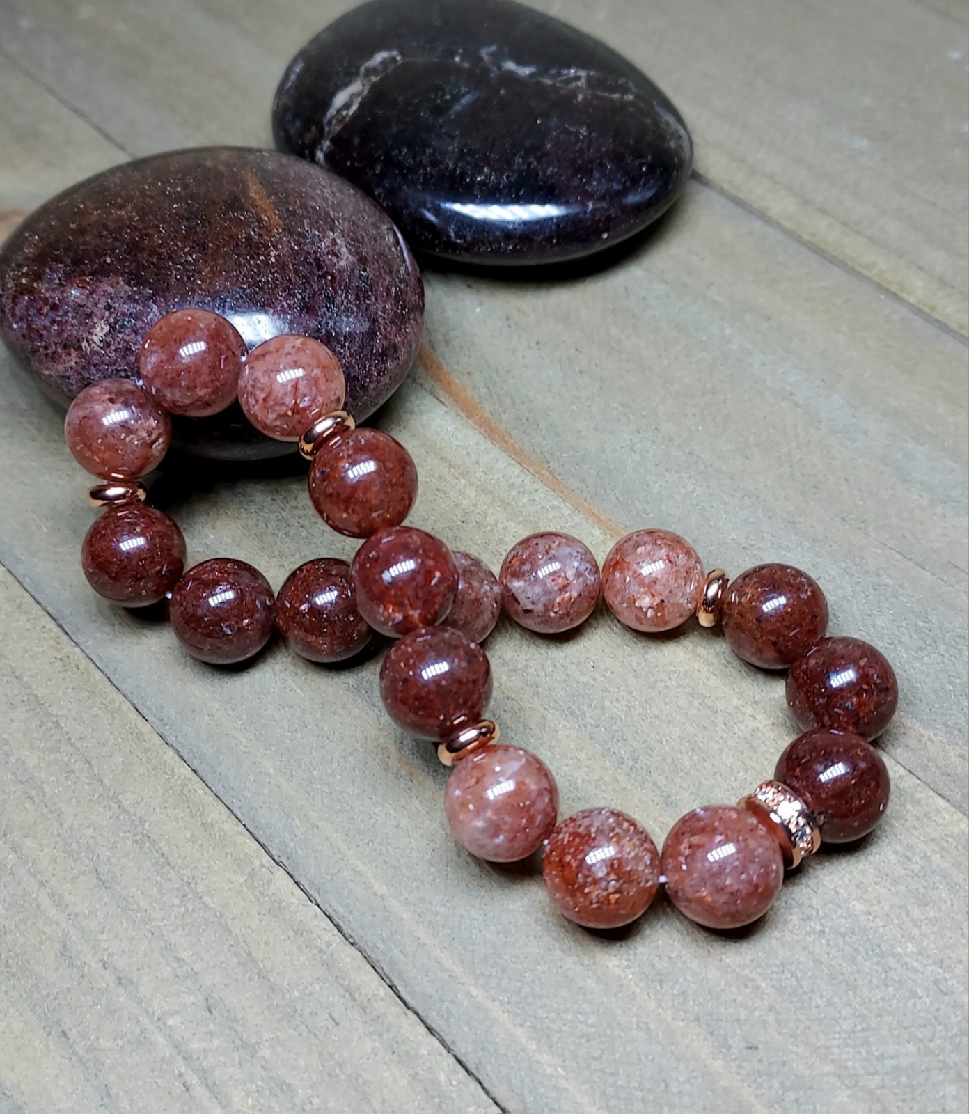 Red Phantom Quartz Gem Bead Bracelet In Rose Gold Stretch One of a Kind 6.75″