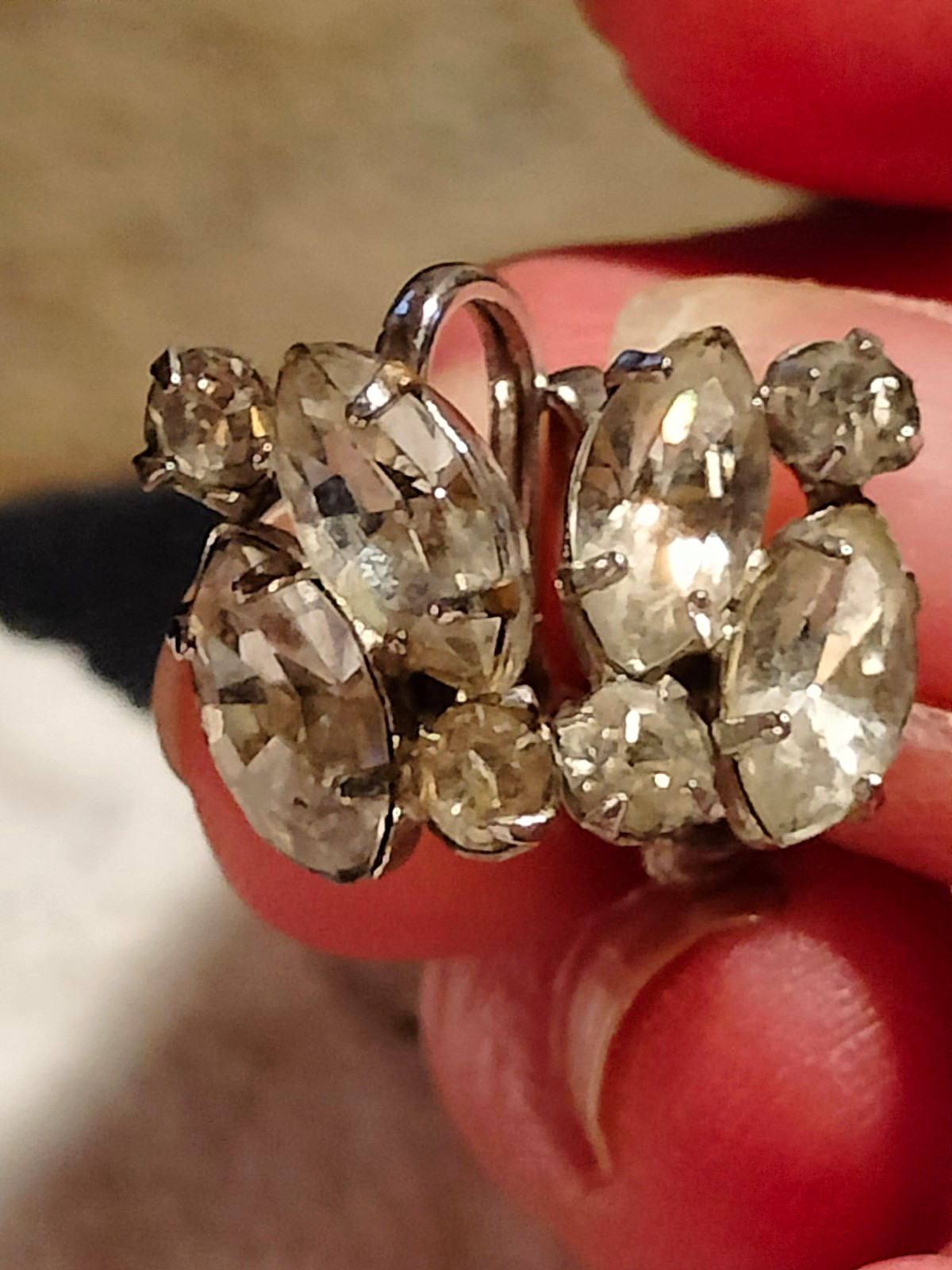 Vintage Silver Tone Earrings ,Screw On Back. Marquise Crystal Rhinestone