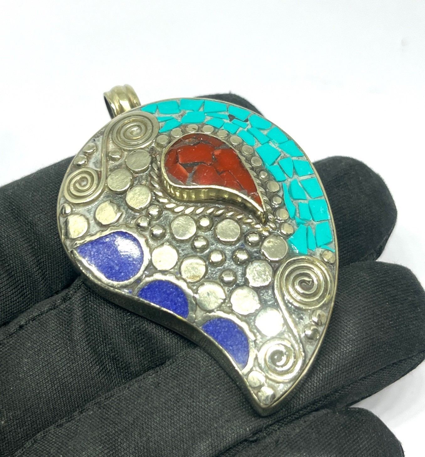 Handmade Turquoise Lapis Gemstone Tibetan Style Boho Pendant Jewelry, 2.2 inc