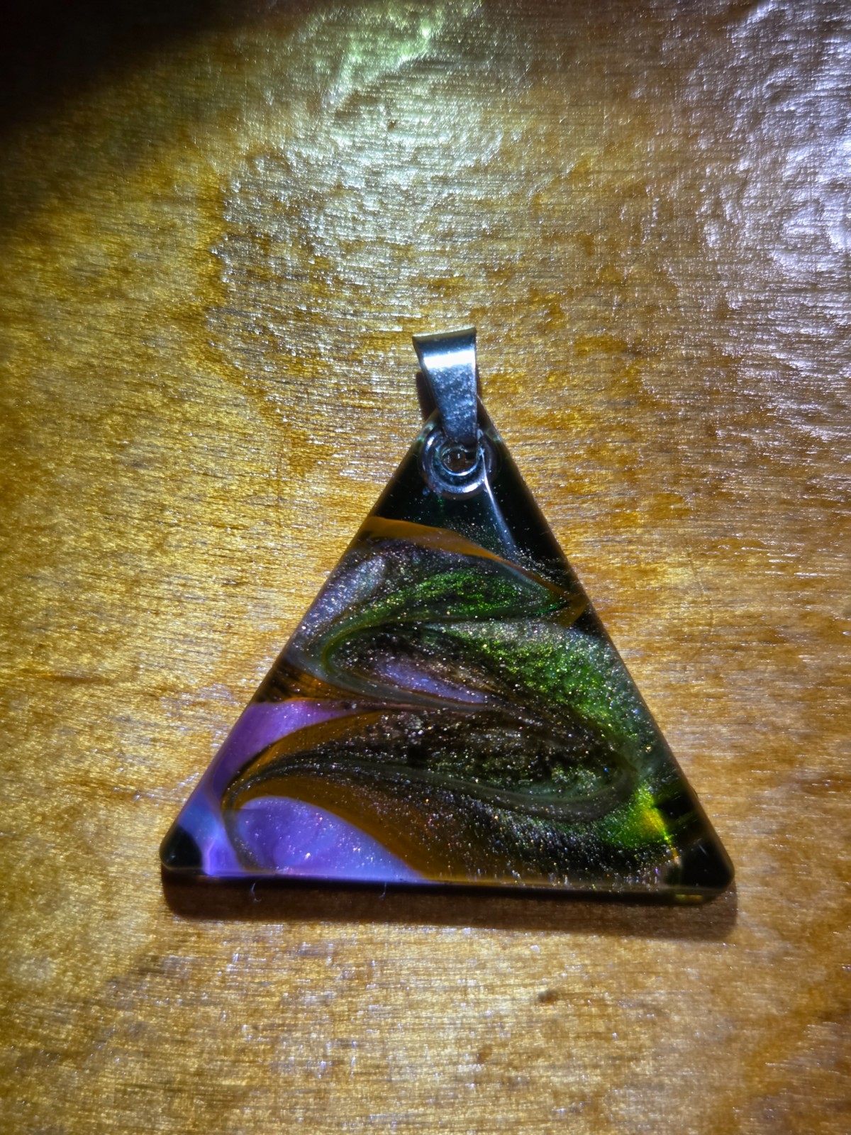 OOAK Green Purple Petri Effect Resin Triangle Pendant N114