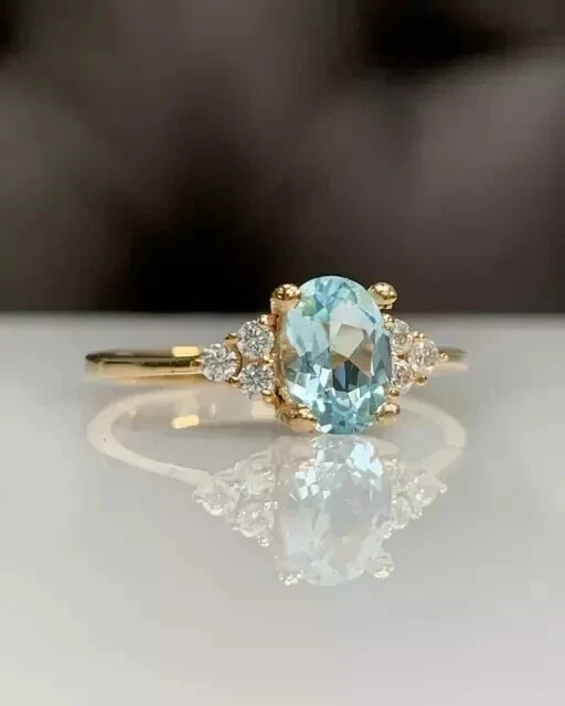 2Ct Oval Cut Simulated Aquamarine Women Engagement Ring 14K Yellow Gold Plated