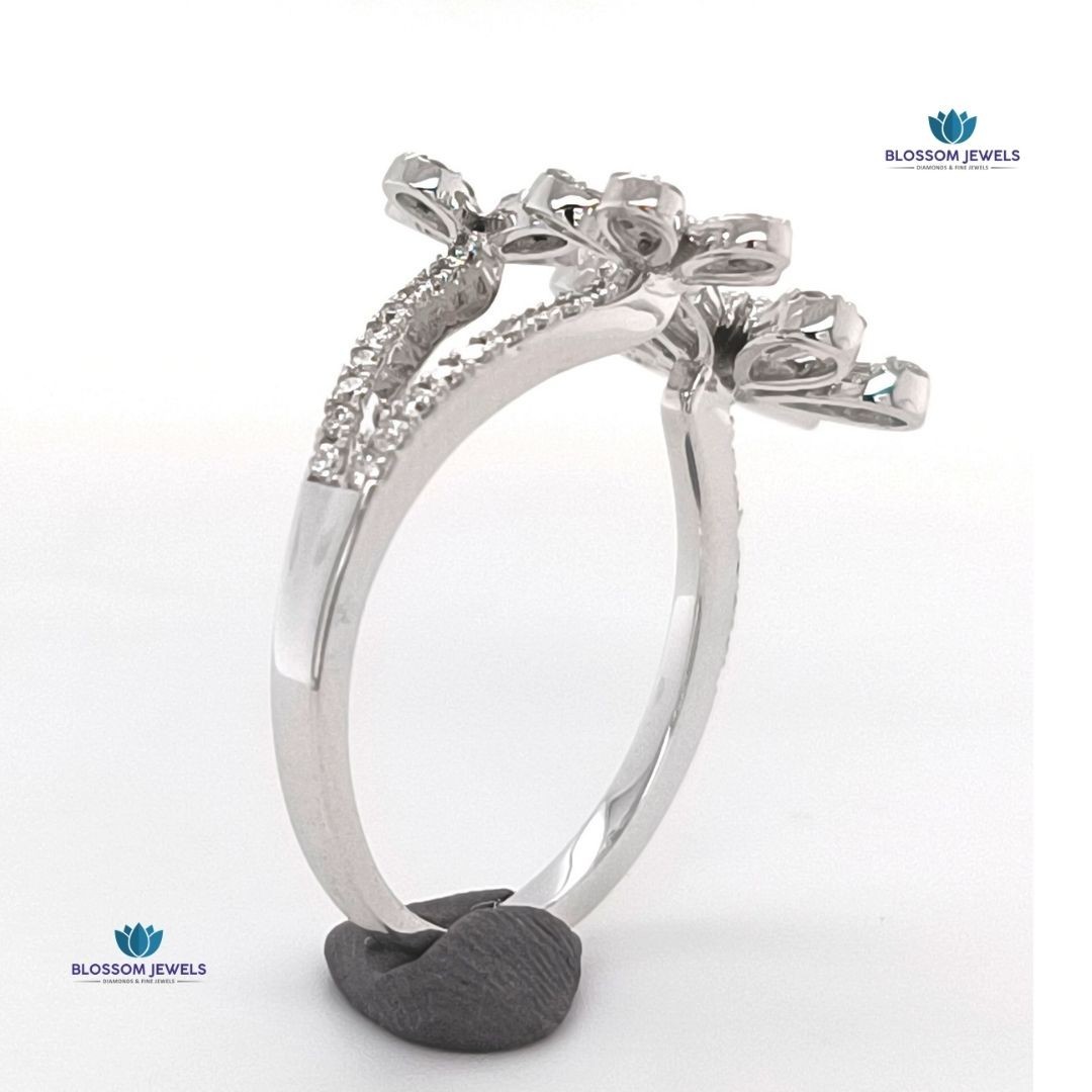 0.78 Ct Round Cut Lab Grown CVD/Diamond Flower Shape Ring 14K White Gold Plated