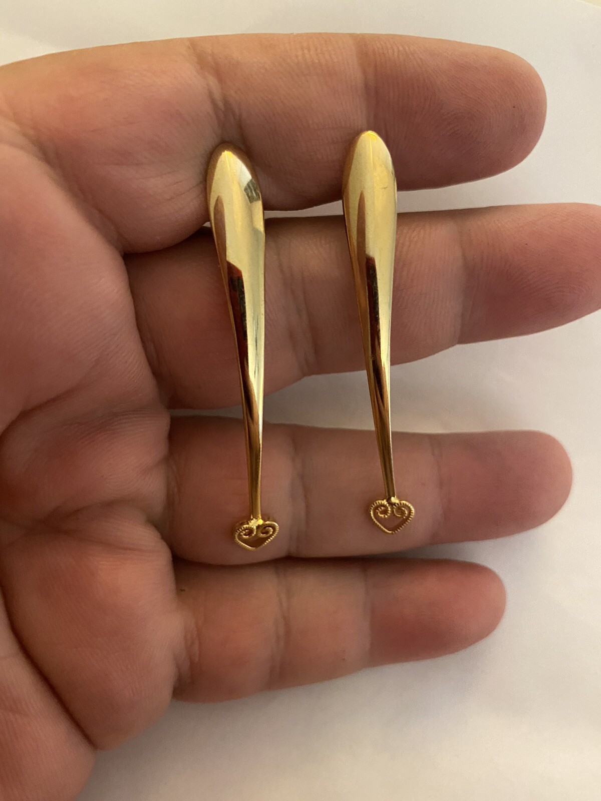 HOBE Pierced Earrings gold hanging signed mint Unused Vintage 2 1/8”