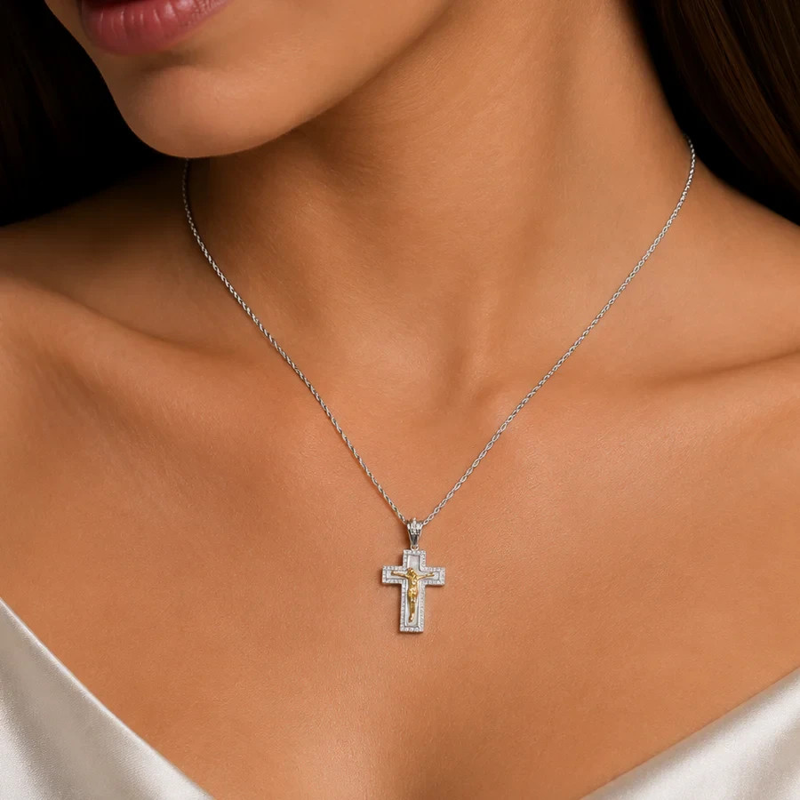 Moissanite Crucifix Cross Pendant • 925 Sterling Silver • Two-Tone Finish