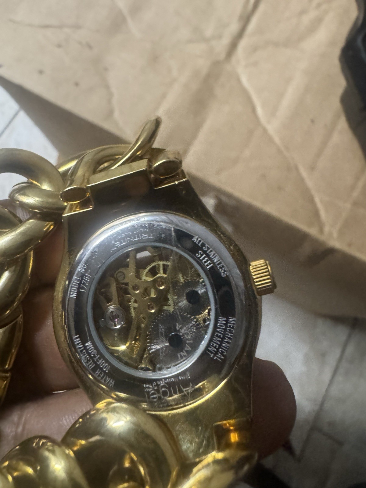Invicta Angel Gold Tone Cuban Link Skeleton Automatic Watch 44mm 20 Jewels