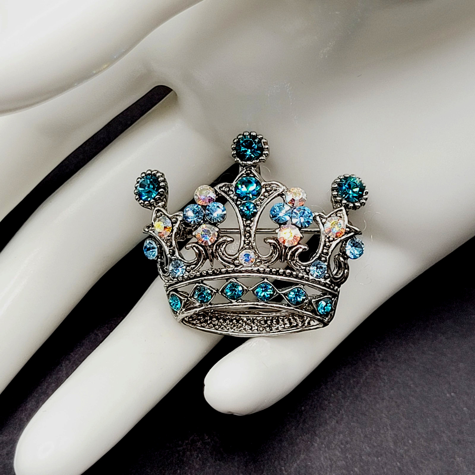Regal Royal Queen Crown with Light Blue Rhinestone Silver Tone Pendant Brooch
