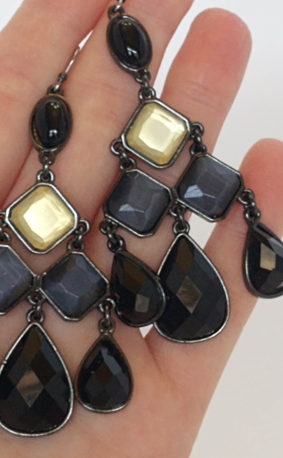 LC Liz Claiborne Chandelier Statement Earrings Black Gray & Yellow Glass 3.5 in