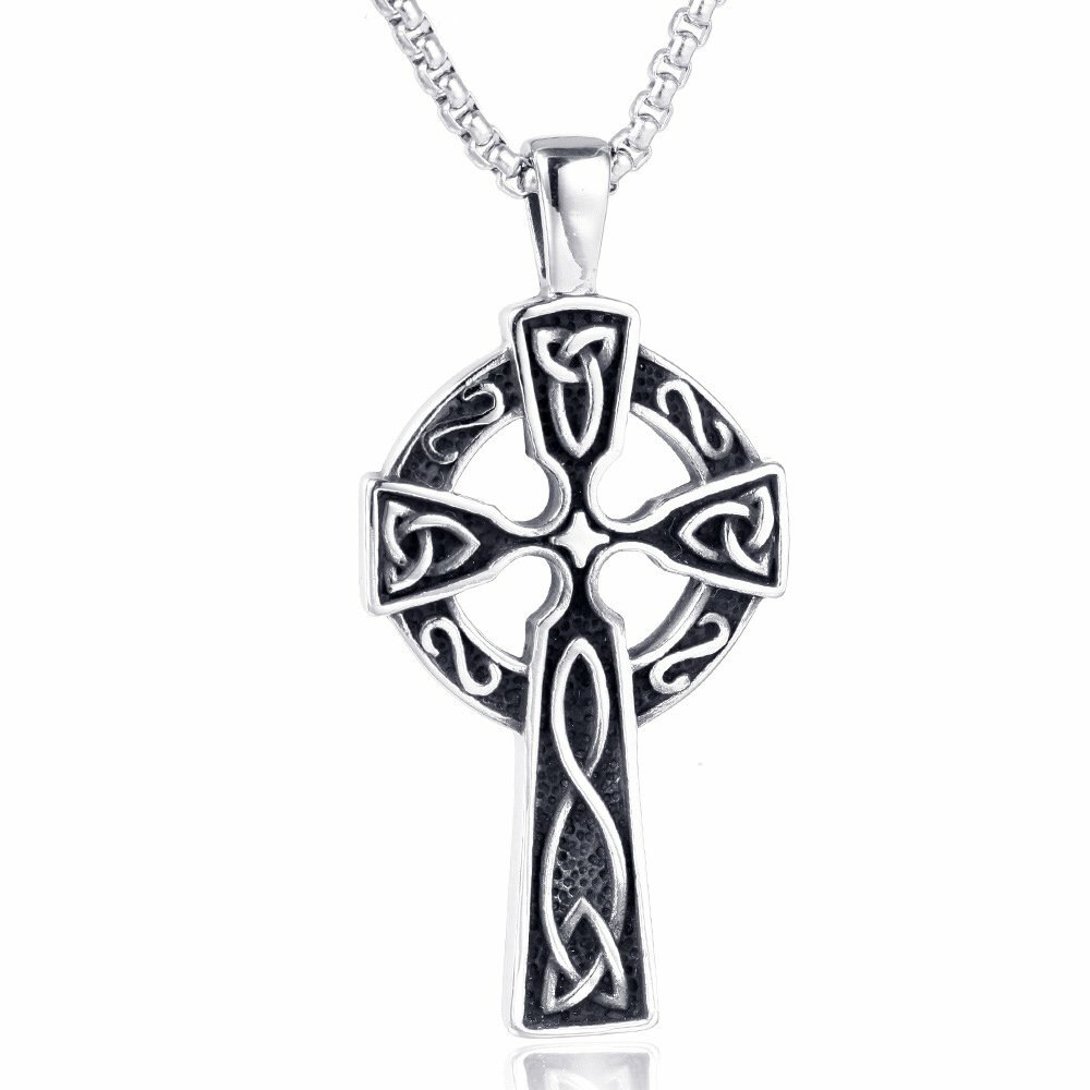 MENDEL Mens Stainless Steel Irish Celtic Knot Cross Pendant Necklace Silver Men