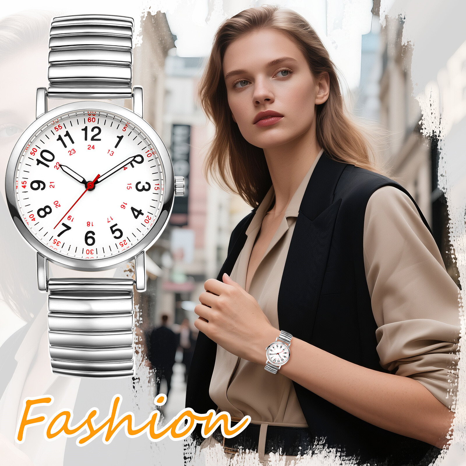 Women’s 12H/24H Big Dial Easy Reader Elastic Band Analog Quartz Cuff Wrist Watch