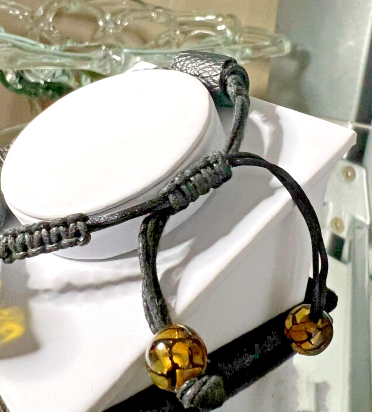 Amber macrame leather cuff bracelet jewelry for women Handmade One-of-a-Kind