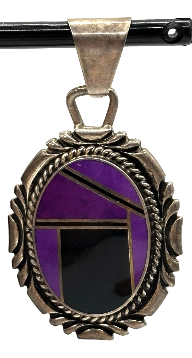 Vintage Native Sterling Silver 925 Purple Black inlay Pendant Bull Makers Mark