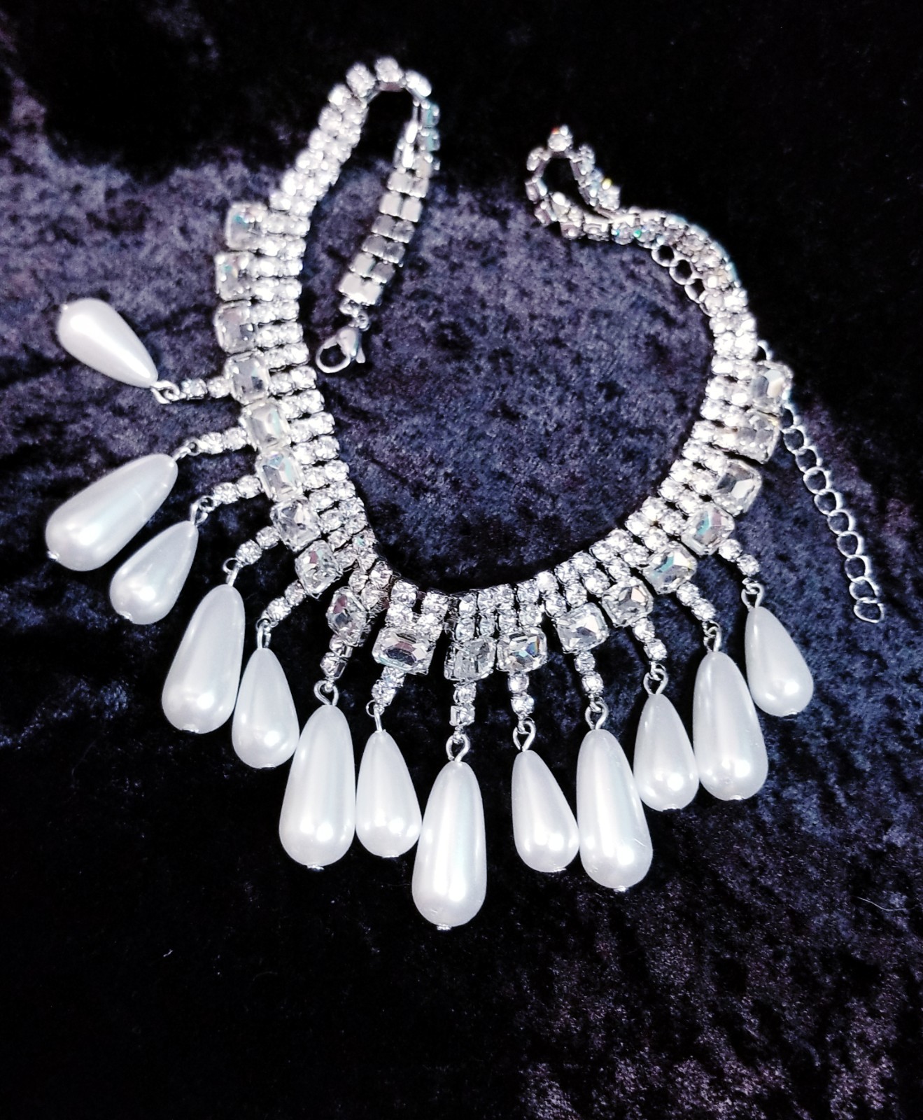 Clear Crystal Choker Rhinestone Created Pearls Necklace Bridal Prom Pageant