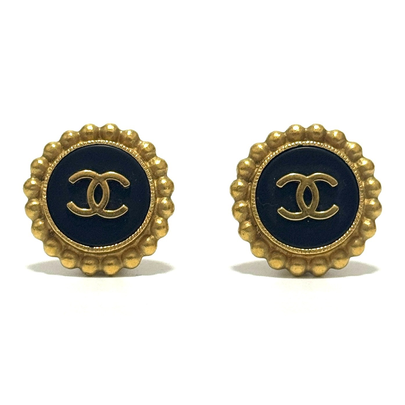CHANEL 94A Round Earrings Coco Mark CC Logo Gold Black Clip-On Jewelry JAPAN