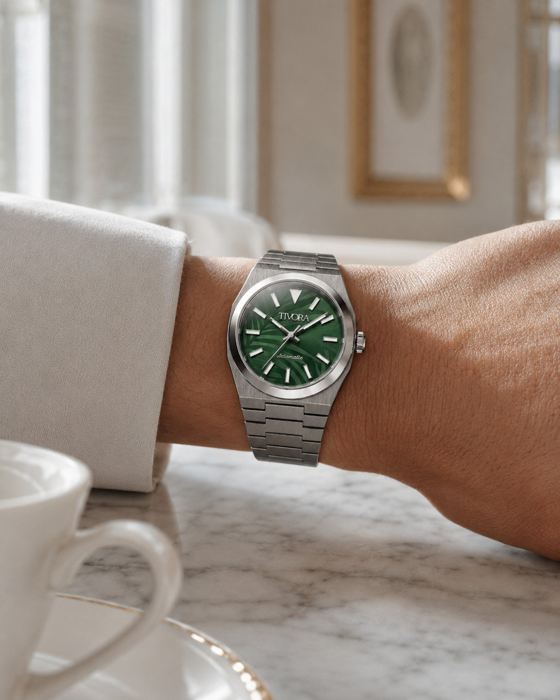 TÍVORÁ Échelon Argent Steel Palm Dial – Custom Branded Automatic Watch