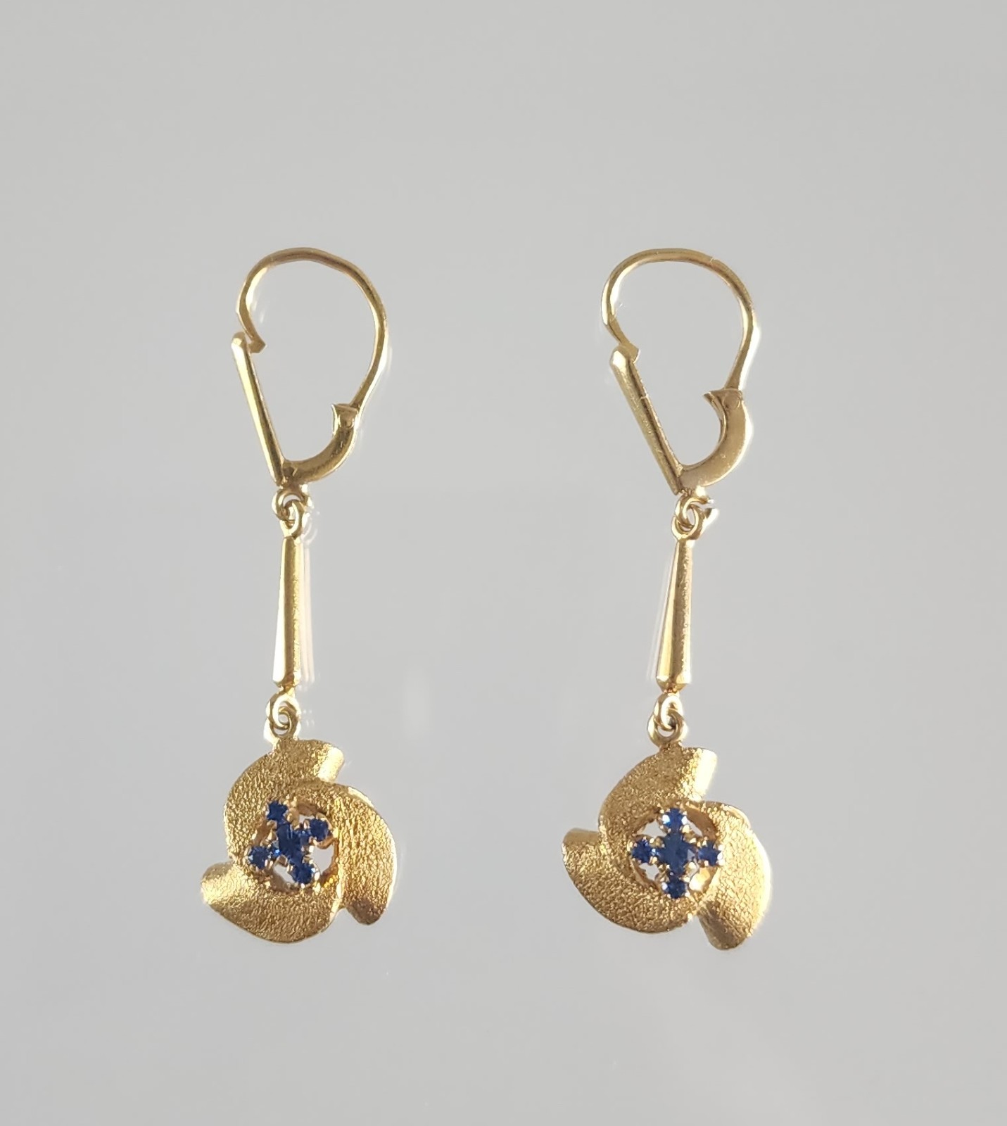 Estate Vintage European 14k Gold & Blue Topaz Dangle Earrings Mid 20th Century