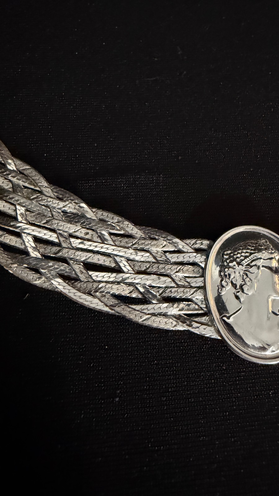 Vintage Italian Milor Sterling Silver Woven Herringbone Cameo Medallion Necklace