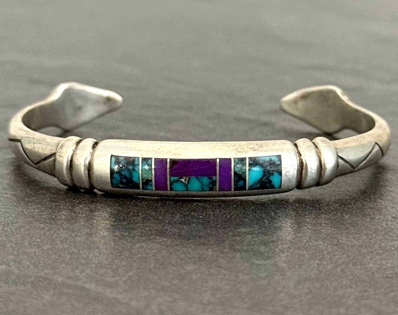 Vintage Navajo REX ABEITA Turquoise Sugilite Inlay ARROW Sterling Bracelet 6.6in