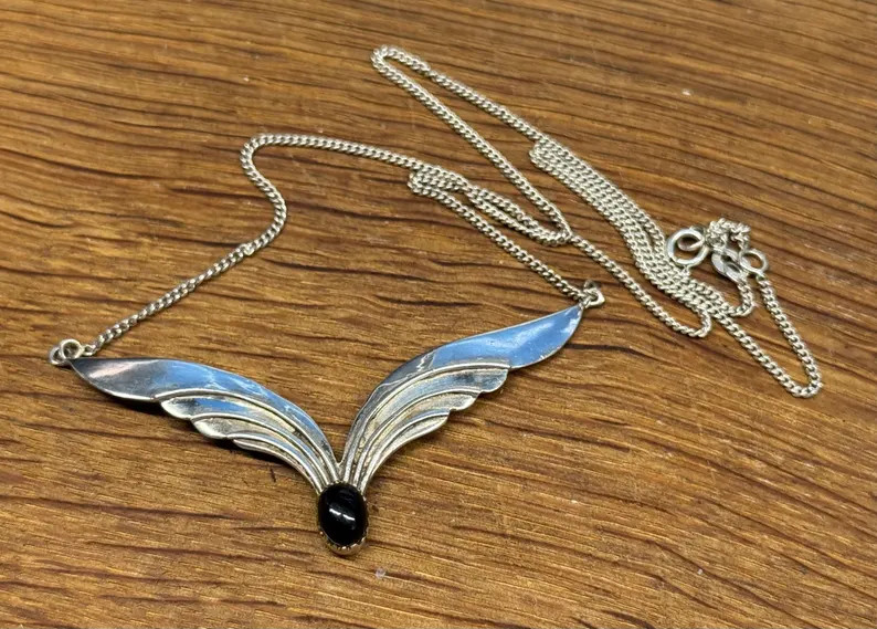 Vintage artisan necklace wings onyx 925 Sterling silver