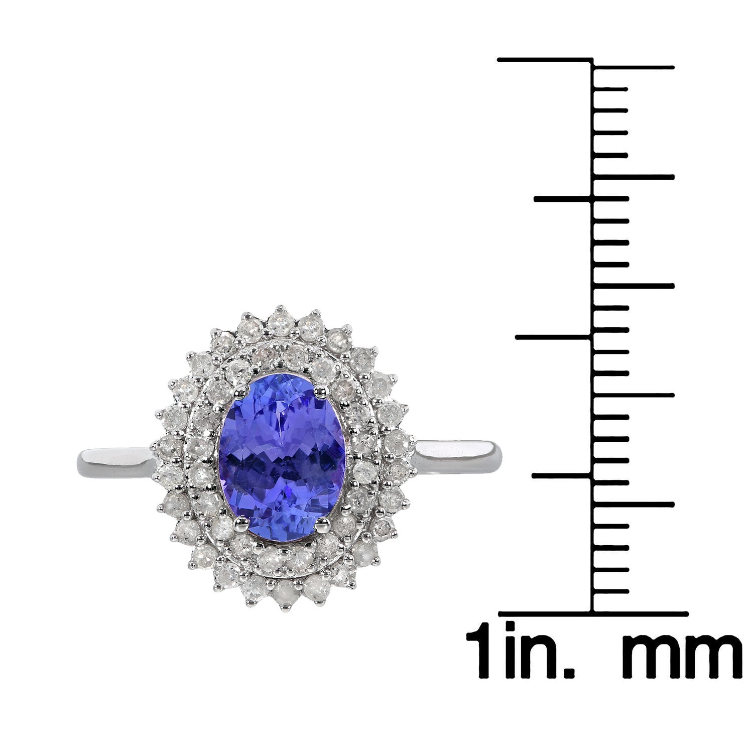 14k Solid White Gold Oval Natural Tanzanite & Double Halo Diamond Ring