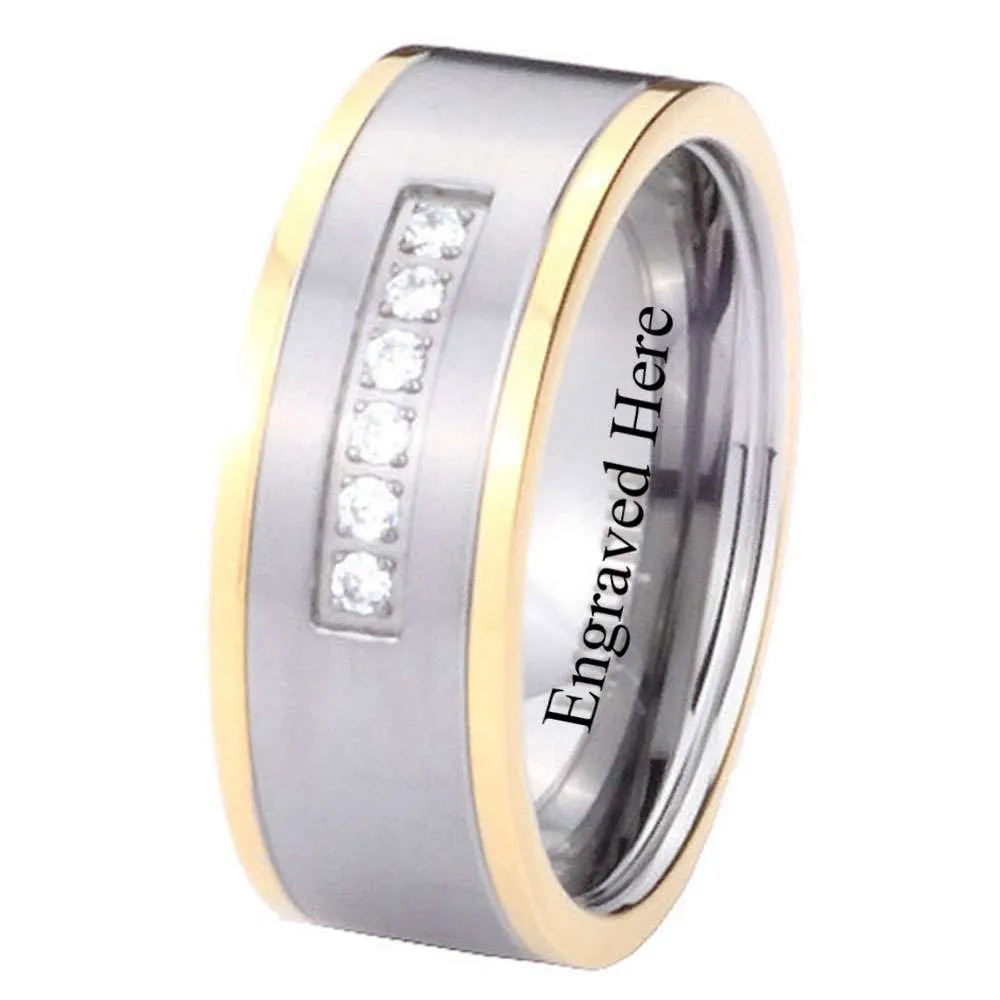8MM Titanium Two Tone Gold IP CZ Men Engagement Wedding Ring Size 7 to 13