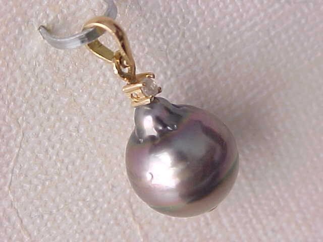 11.5MM X 13.5MM GENUINE TAHITIAN PEARL & DIAMOND PENDANT SOLID 18K YELLOW GOLD