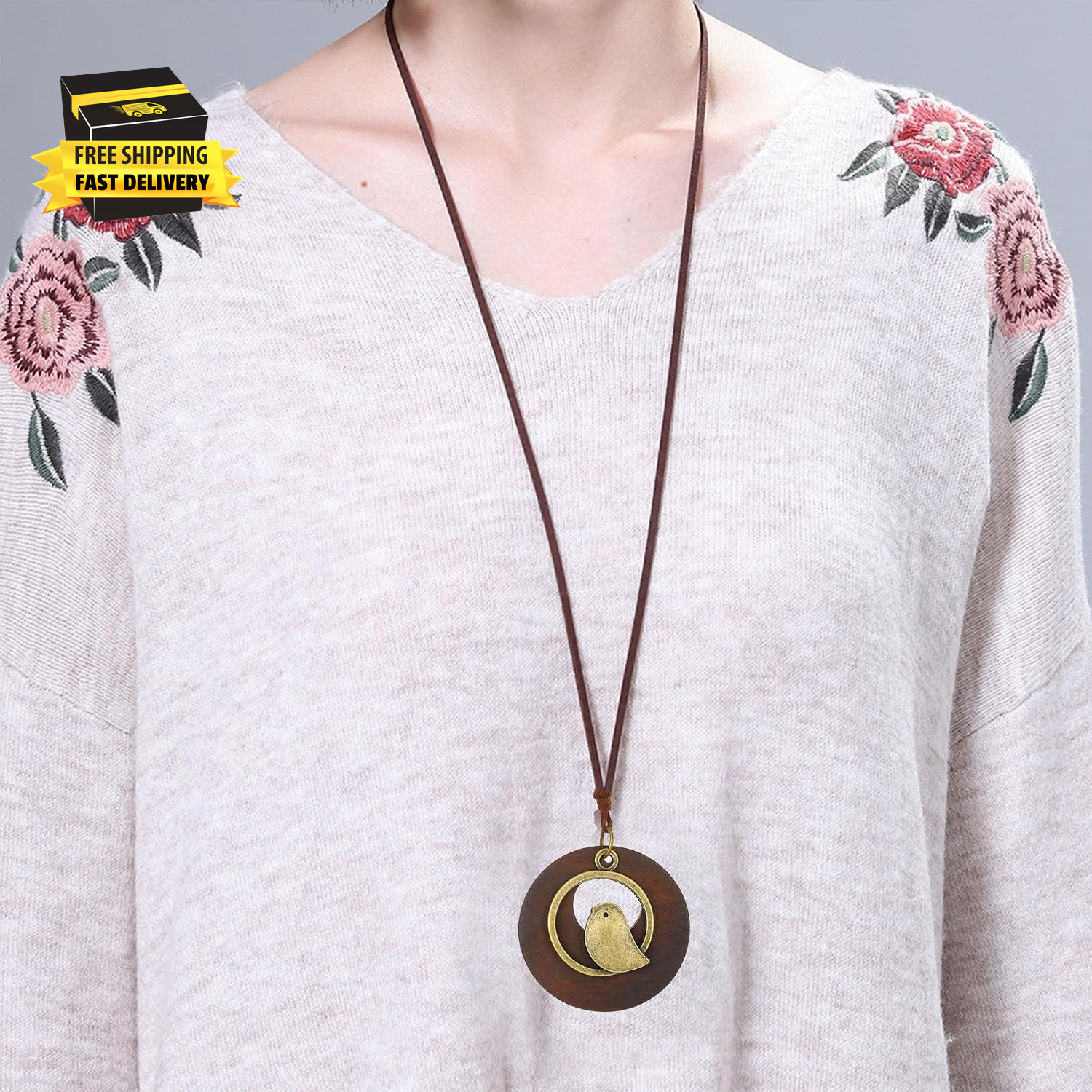 Circular Hollow Wood Necklace Hanging Rope Design Boho Chic Bird Pendant Necklac