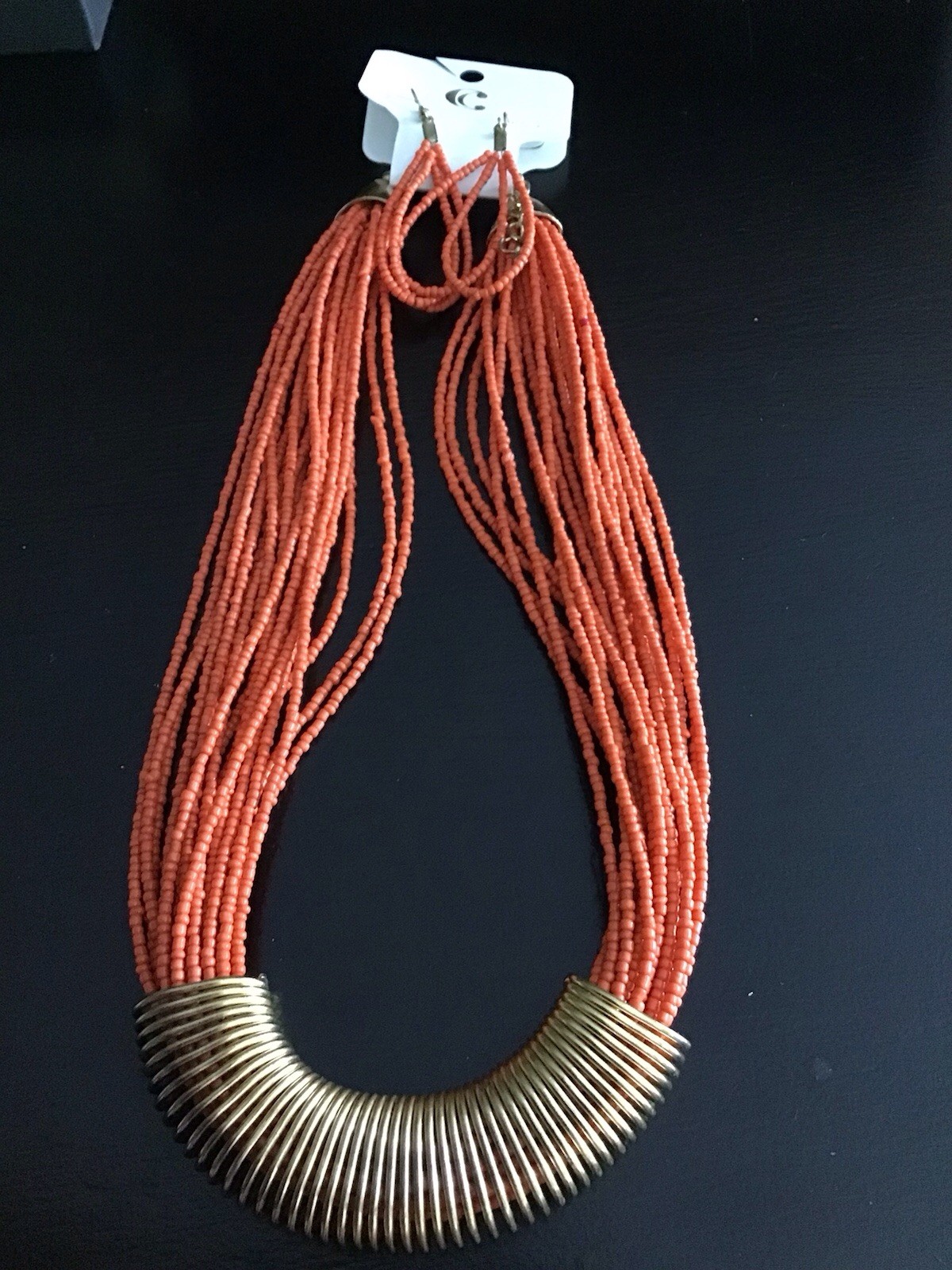 Charming Charlie Orange Seed Bead Multi Strand Bronze Tone Necklace & Earrings