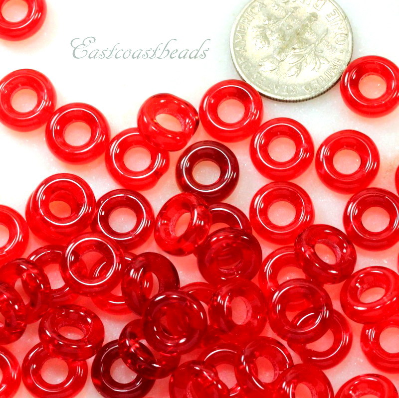 Large Hole 9mm. Donut Beads, Rings, Siam Red w/Gloss Finish, Czech 20 Pcs, w14