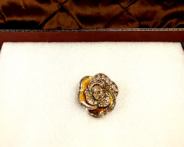 Liz Claiborne Gold-Tone Enamel and Amber Rhinestone Rose Brooch
