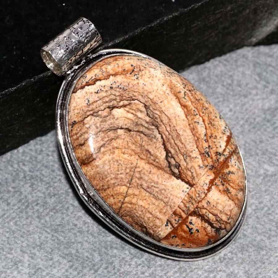925 Silver Plated Huge Picture Jasper Pendant 2″ Elegant Gift Fashion Sale MJ