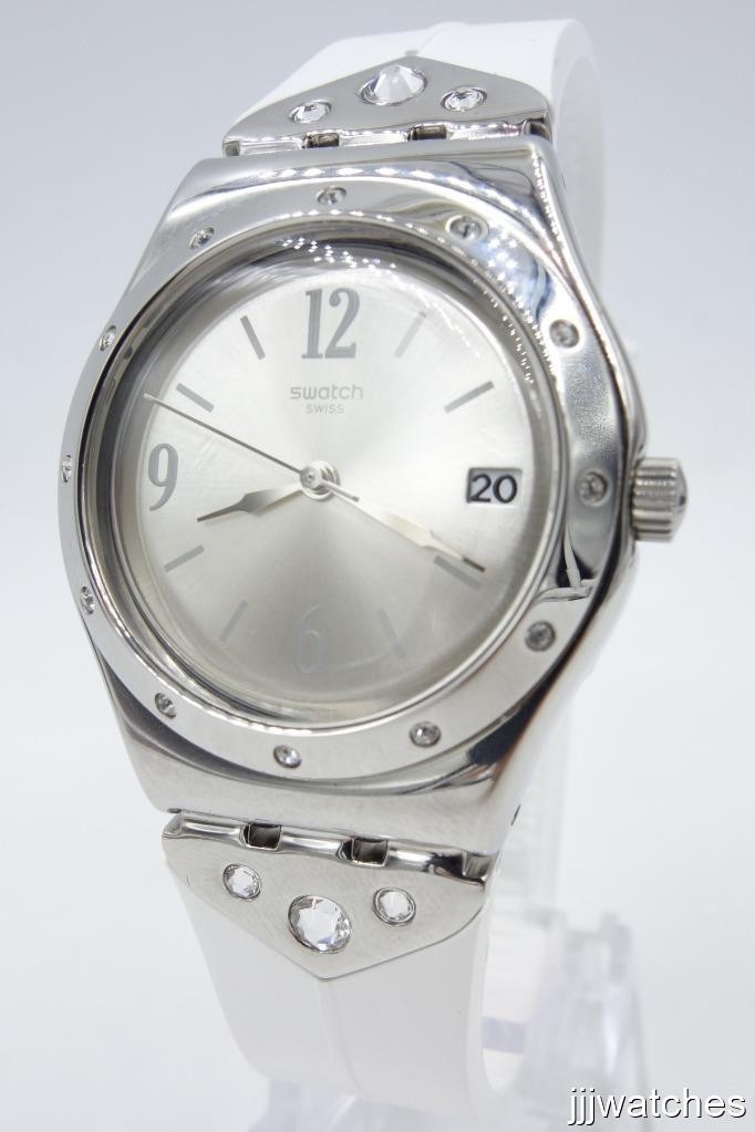 New Swatch Irony Scintillating White Rubber Crystals Women Watch YLS450 $135