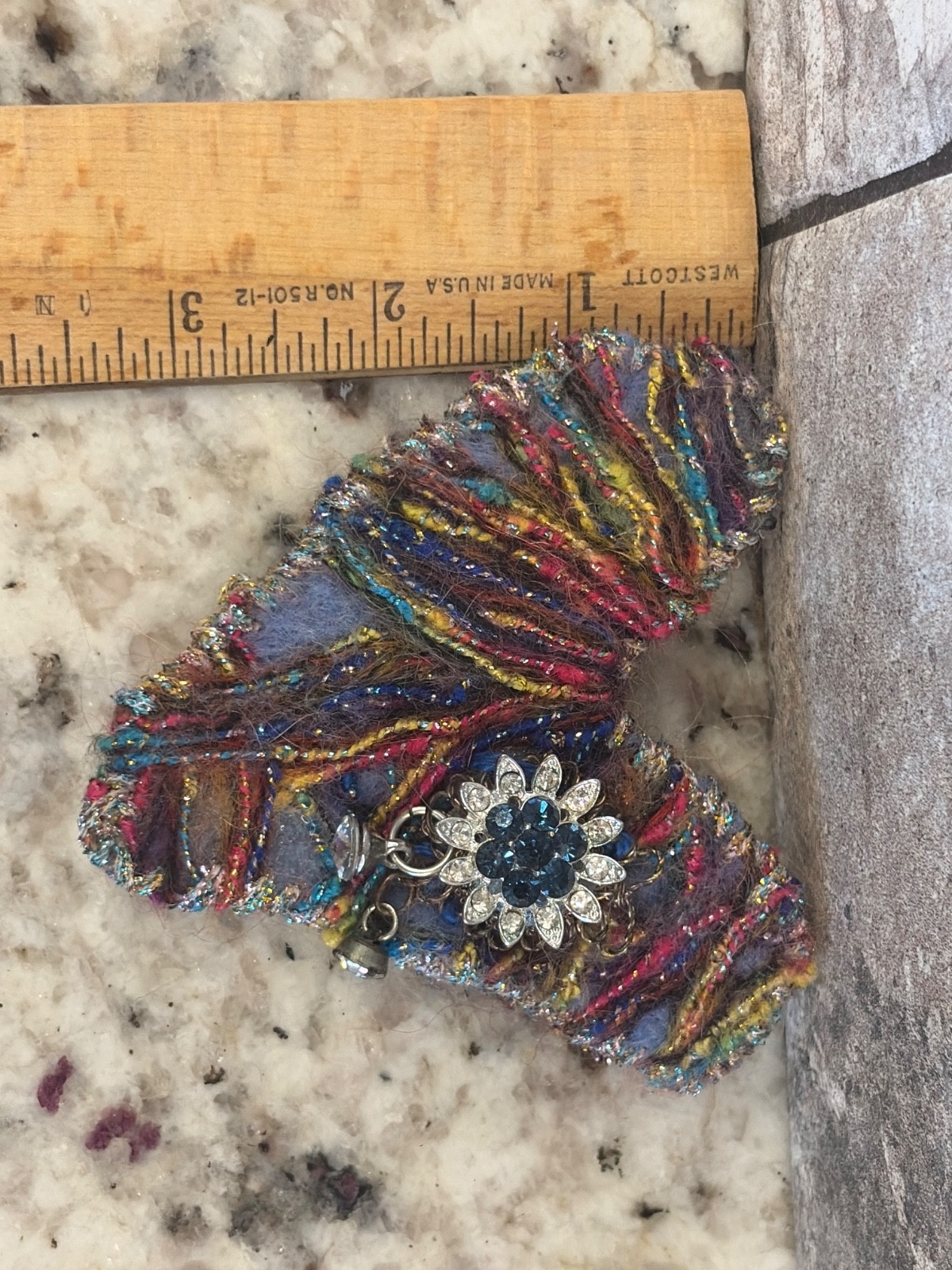 Vintage Handmade Fur Yarn HEART Pin Brooch Flower Rhinestone 3D Red Blue 3.75″