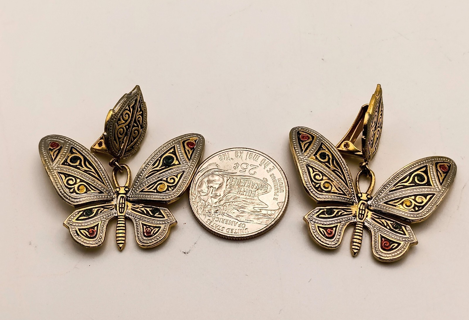 Vintage Toledo Spain Damascene Butterfly Earrings Large Statement Enamel Clip On