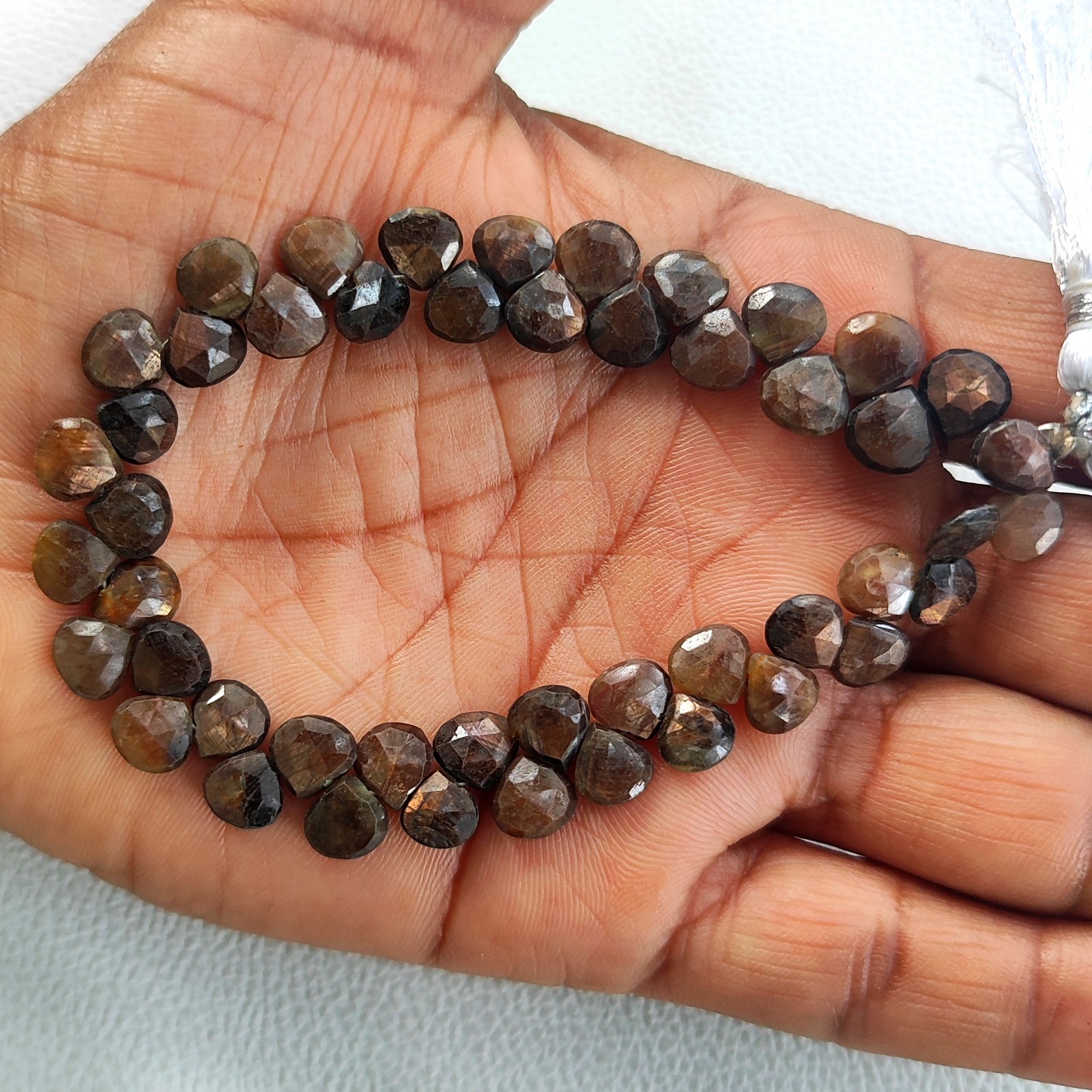7mm Brown Copper Sapphire Faceted Heart Beads 8 Inch Strand Madagascar Gemstone