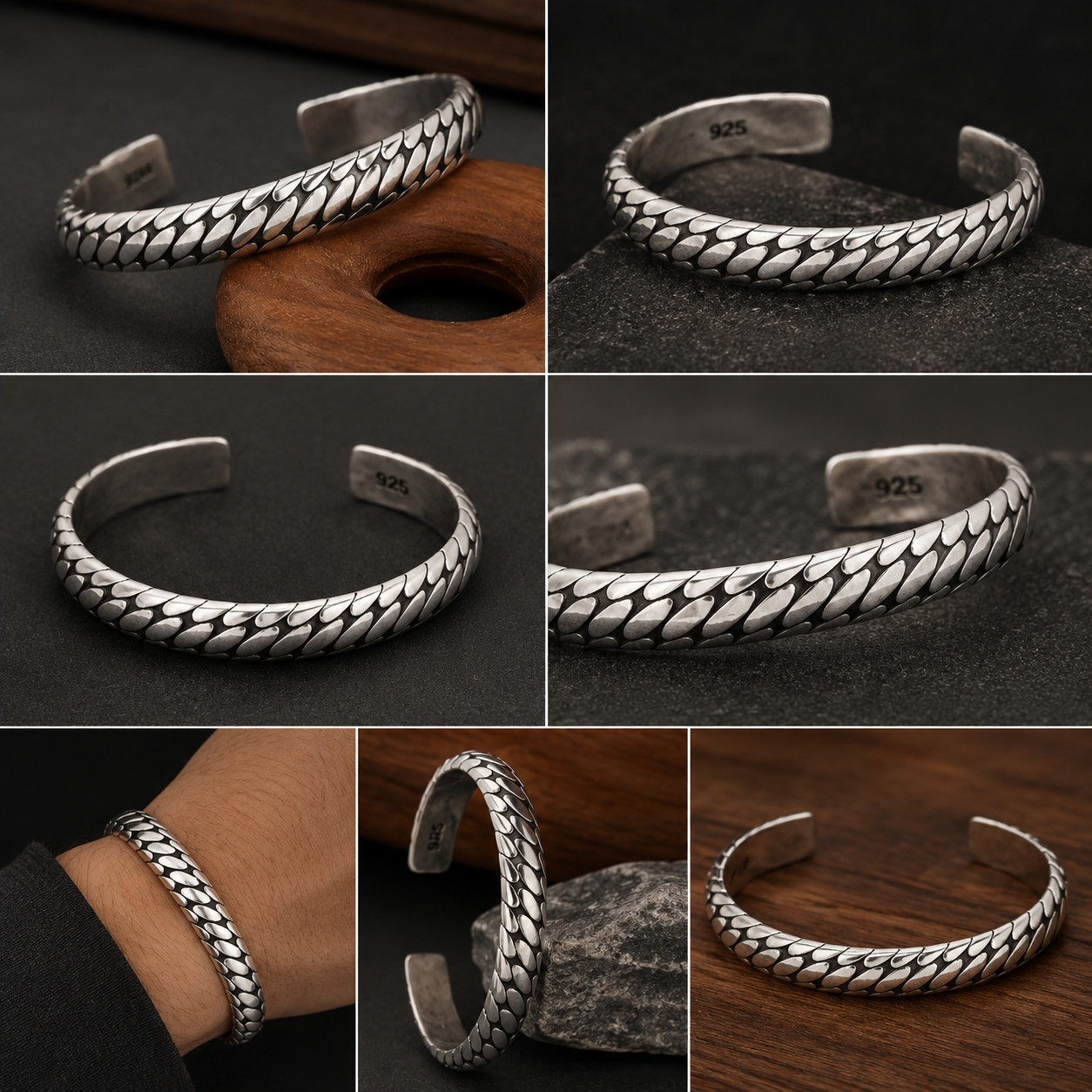 Mens Handmade 925 Sterling Silver Open Cuff Bracelet Vintage Twisted Bangle
