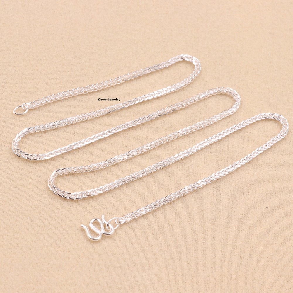 Real S999 Fine Silver Necklace 1.8mm Wheat Link Chain for Women 17.7inch