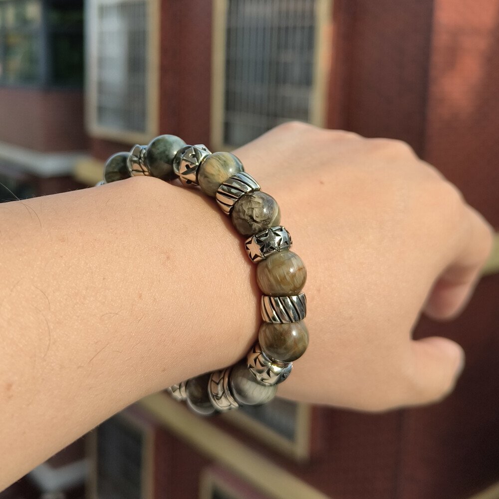 Cupronickel Accessory 12mm Round Beads Hawk eye gem Punk Bracelet CP476D