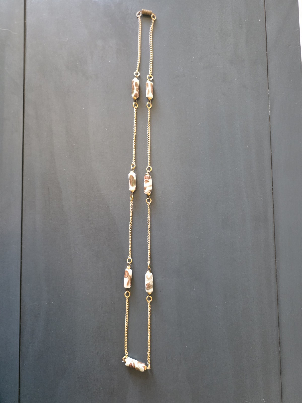 Vintage Lampwork Glass Bead Station Necklace Gold Tone Brown White Long