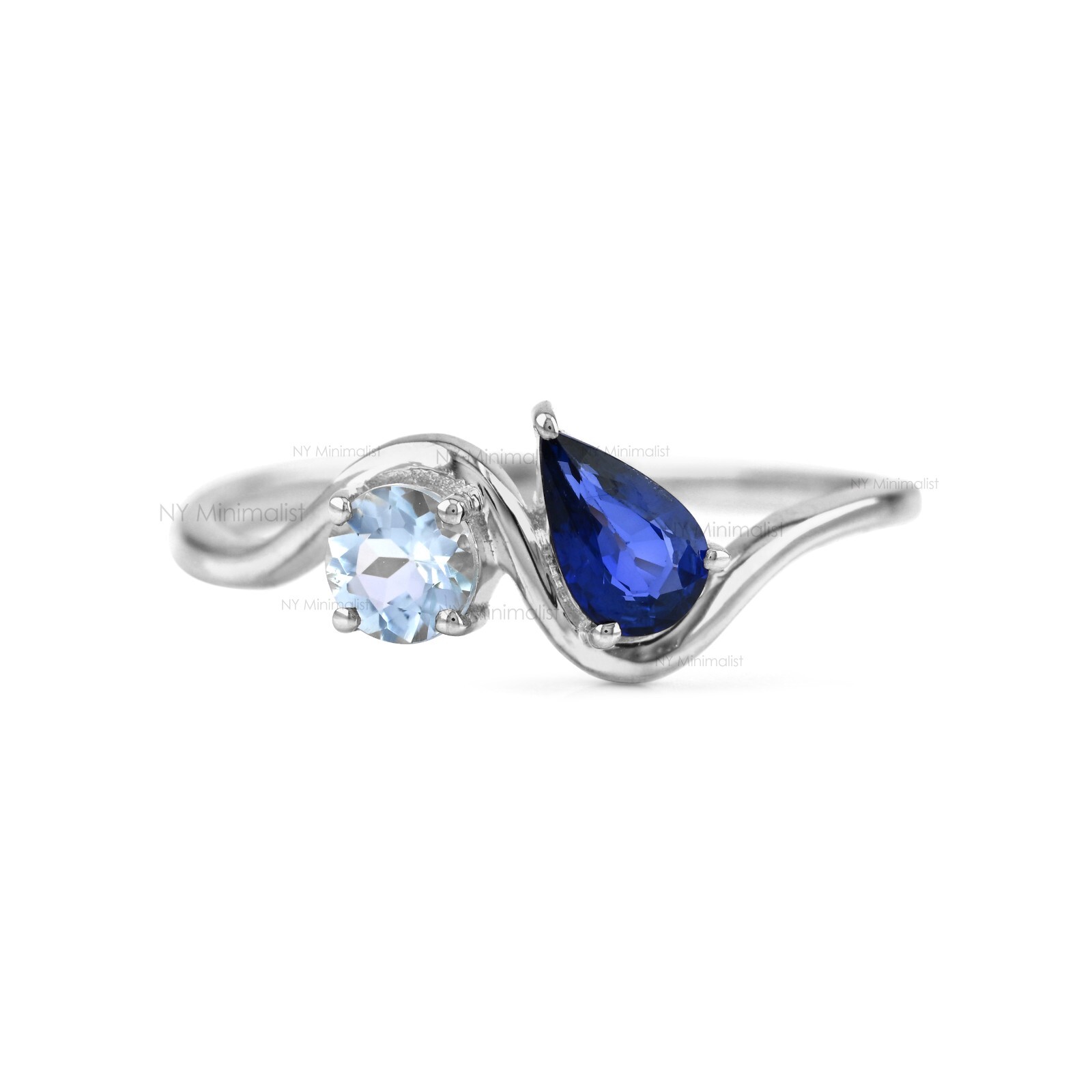 Natural Diffused Pear Blue Sapphire & Round Aquamarine 14K Gold Wave Band Ring