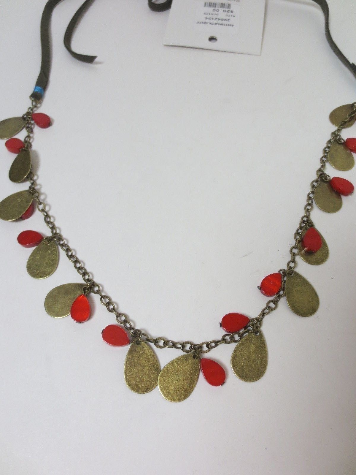 Anthropologie Brown Rope Brass Red bead Turq Charm Tie Necklace NWT $28
