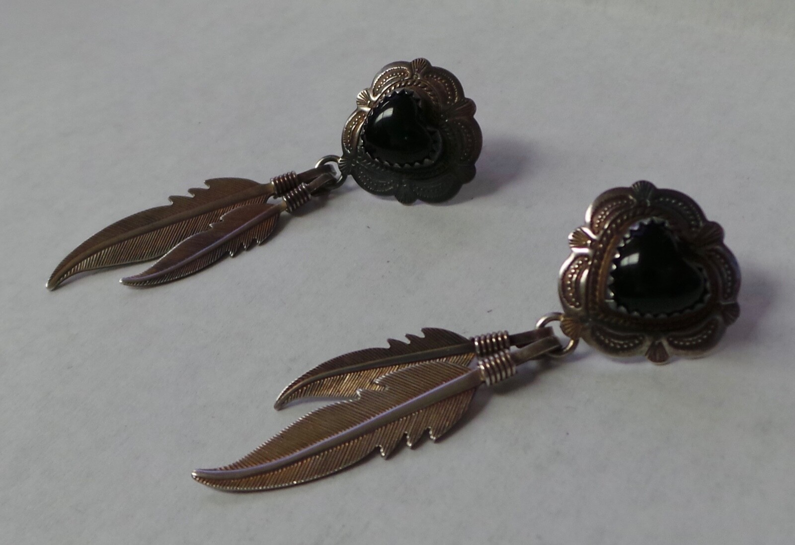 Vintage Sterling Silver Onyx Dangle Feather Earrings 6g 2″ M Hallmark