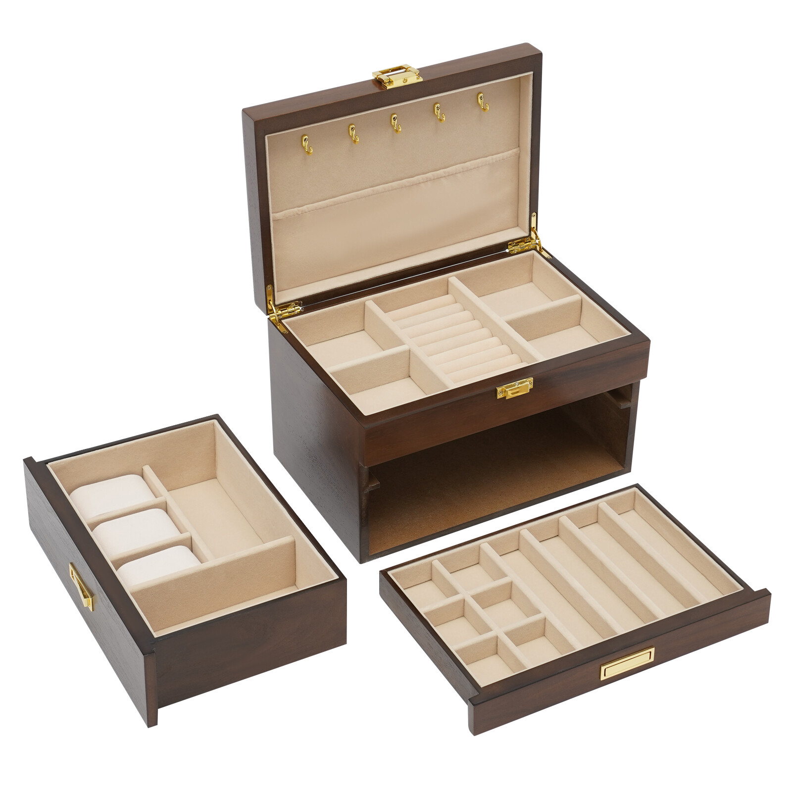 Elegant 3-Layer Wooden Jewelry Box with Pull-Out Drawers and Necklace Hooks