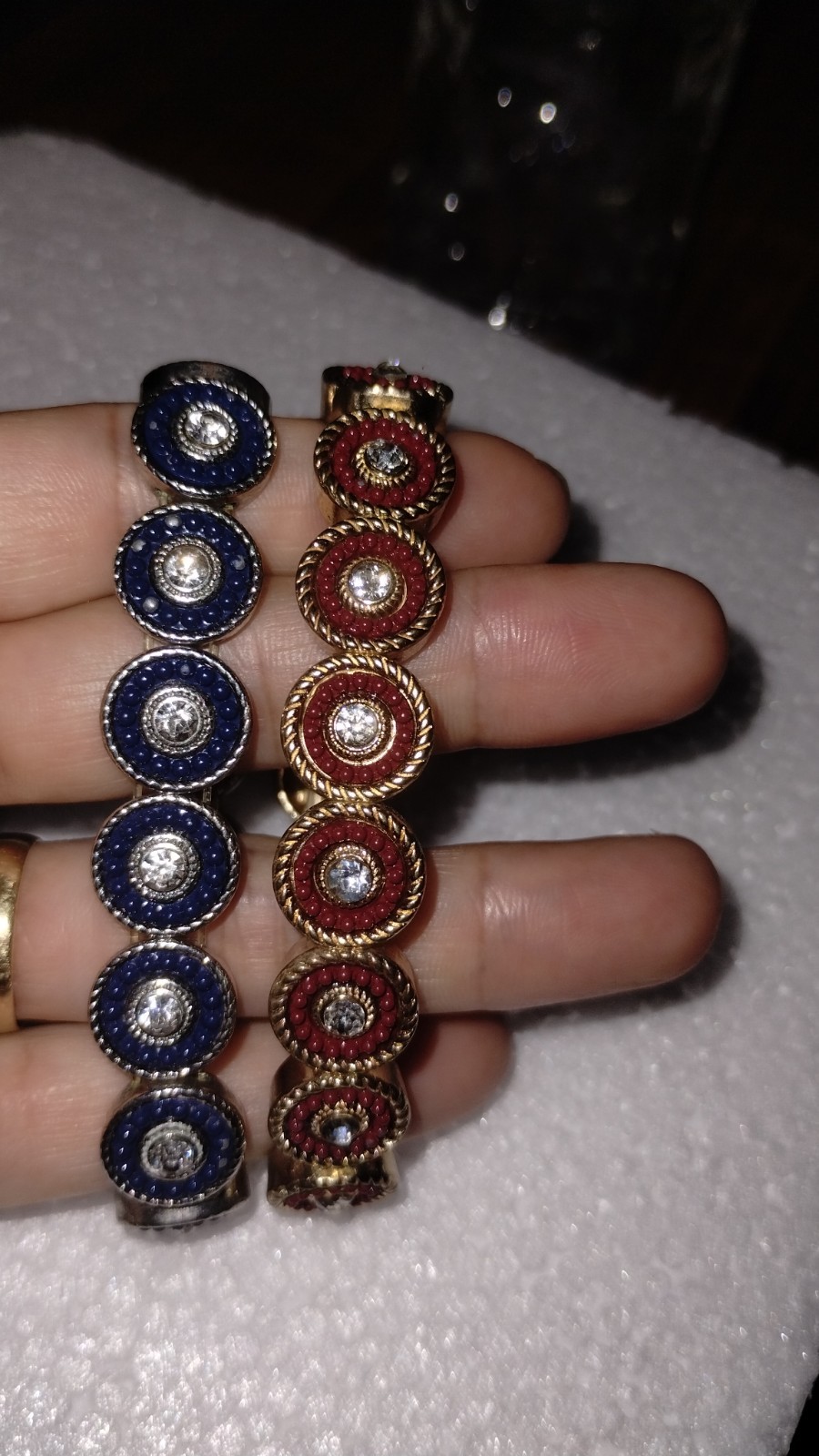 Gold Tone Stretch Tennis Link Bracelet Round Red & Clear Crystal Bezel 2