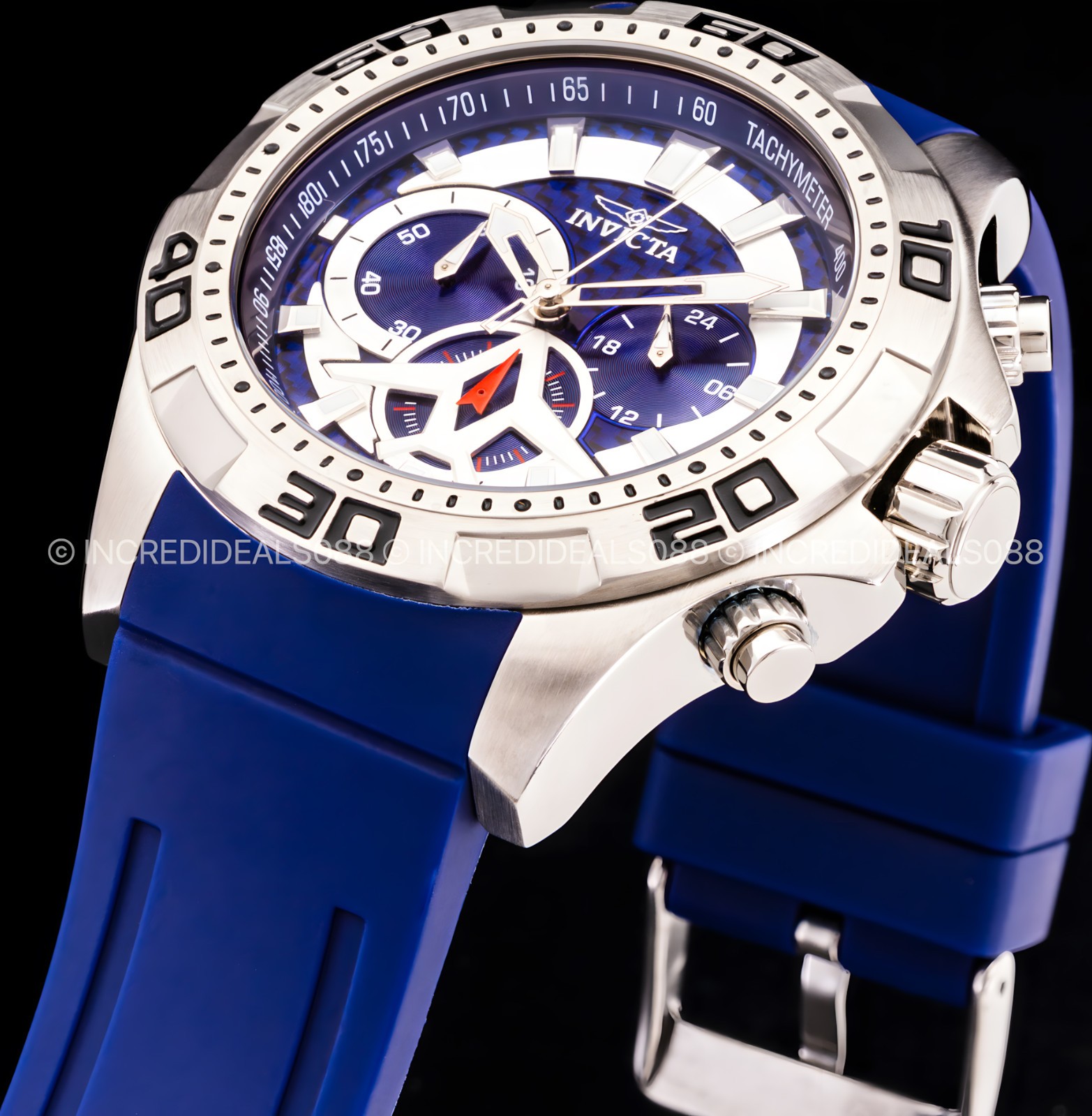 Invicta Mens AVIATOR Multi Function Blue Glass Fiber Dial Blue Strap SS Watch