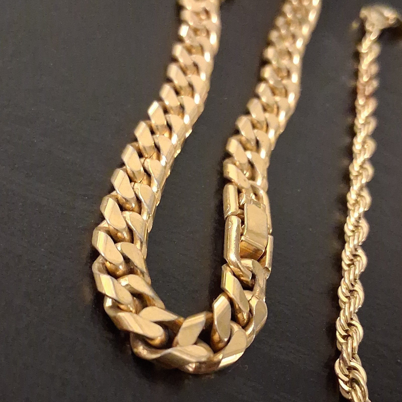 Lot of 2 Gold-Tone Chain Bracelets Cuban Link & Rope Style Box Closure
