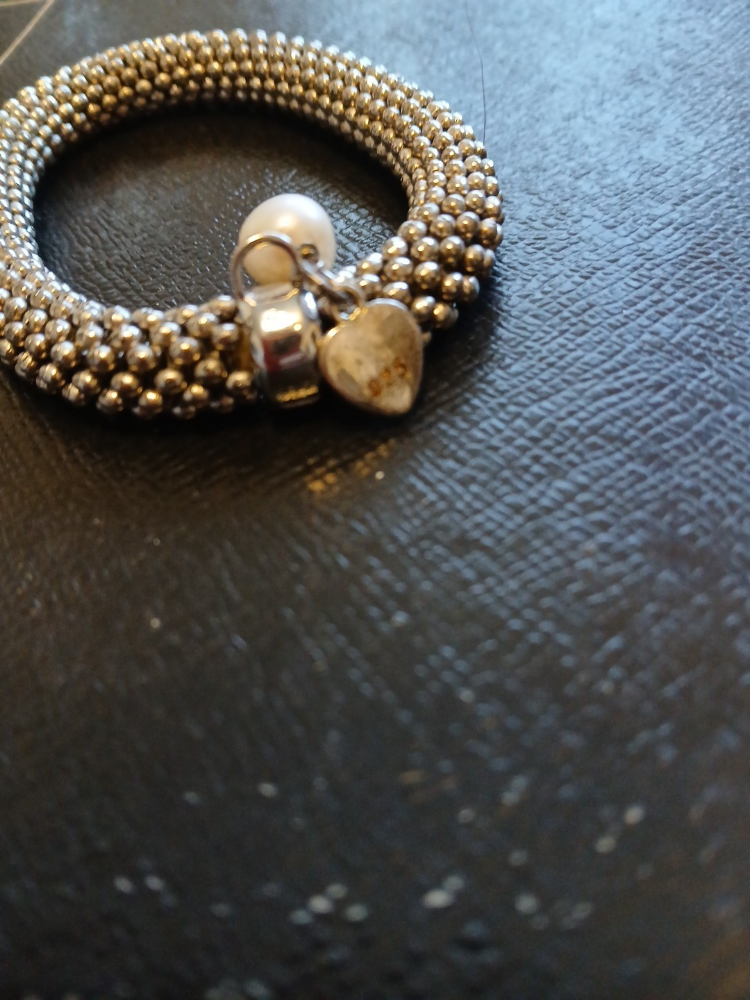 Unique Elastic Stretch Silver 925 Stamped Pearl Roundelle Spacer Bracelet