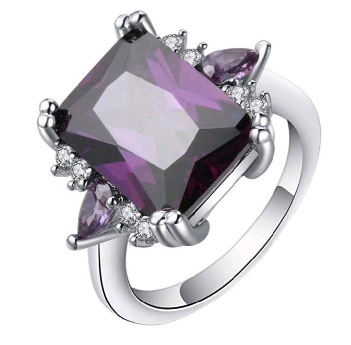 Silver-Plated Zinc Ring Purple Square CZ With White/Colorless Inlay Size 6