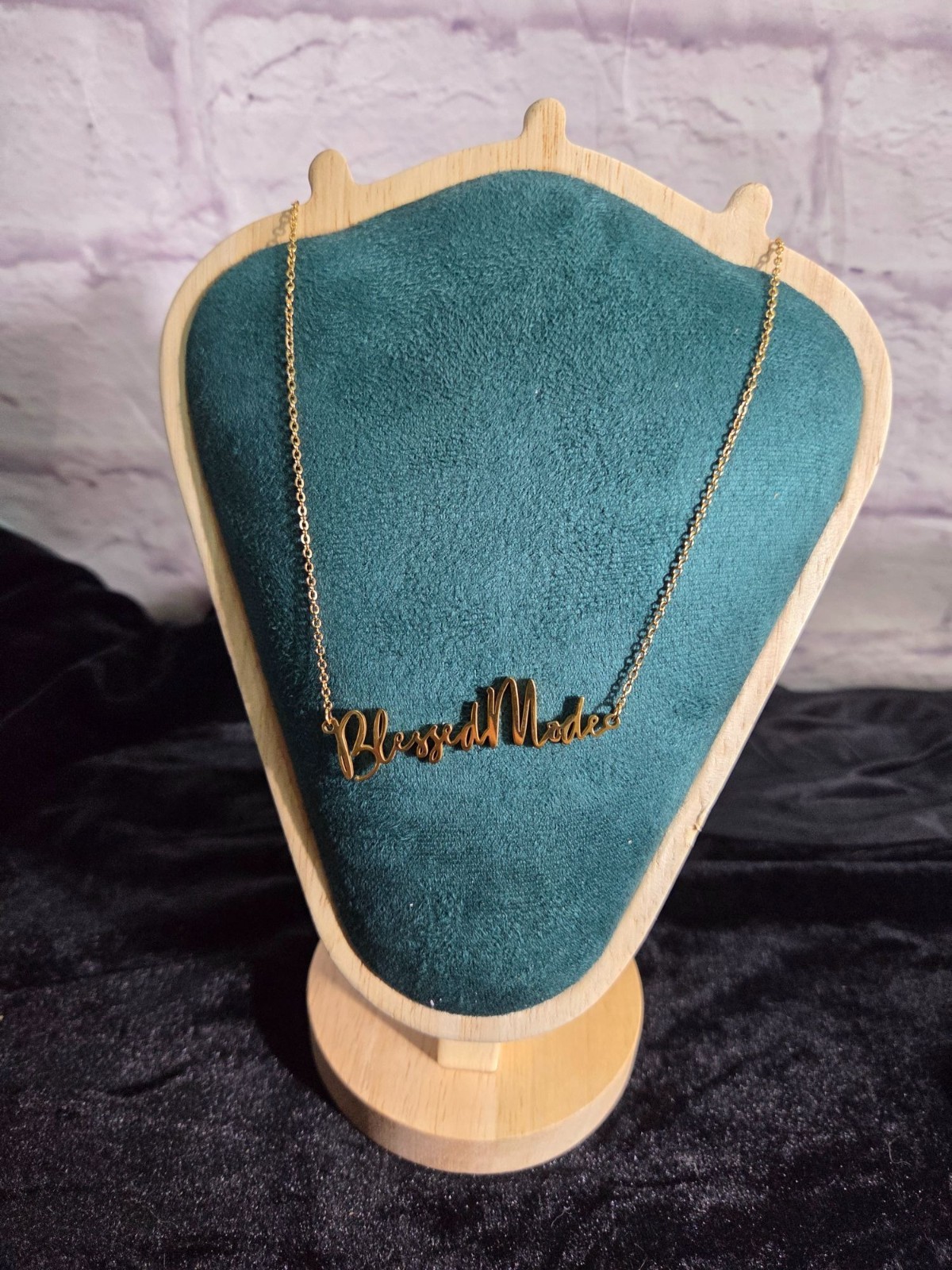 Izzy & Liv “Blessed Made” Gold Tone Script Pendant Necklace 18″ Adj Chain